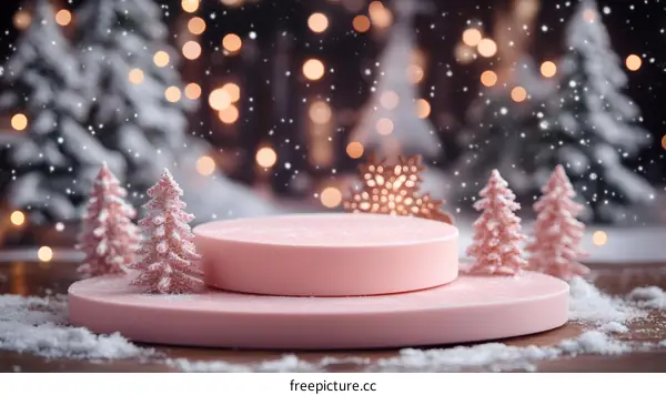Pink Christmas Podium with Snow Decor