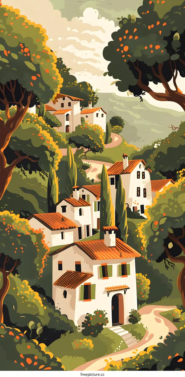 Italian Village Landscape Illustration with White Houses and Lush Green Trees