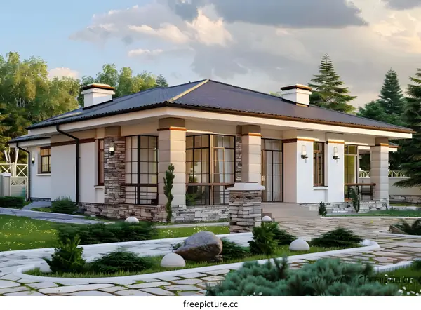 Modern House Exterior with Stone Wall and Large Windows