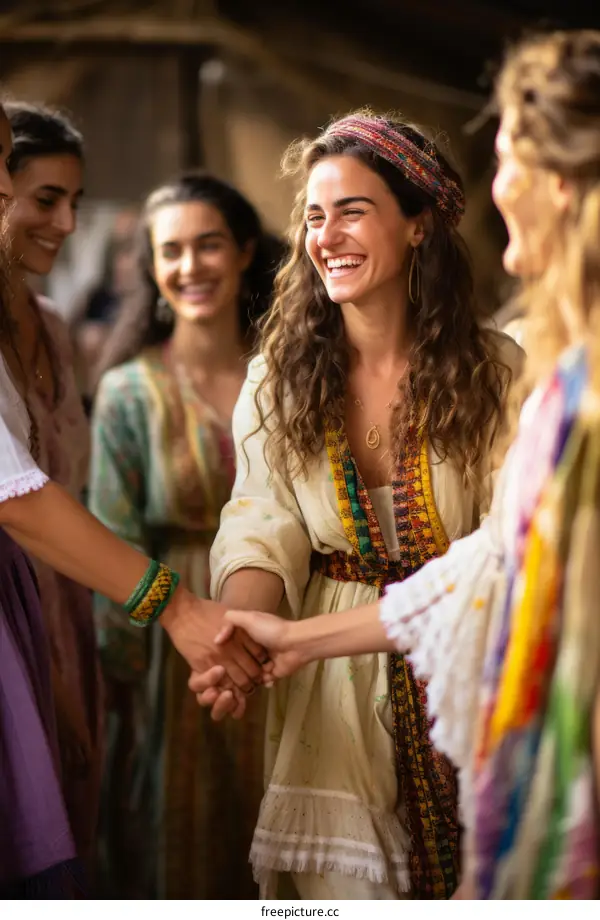 A group of smiling women holding hands in a circle