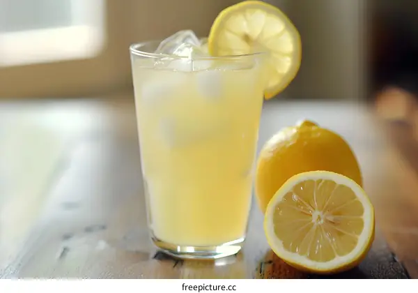 Glass of Lemonade with Lemon Slices and Ice Cubes