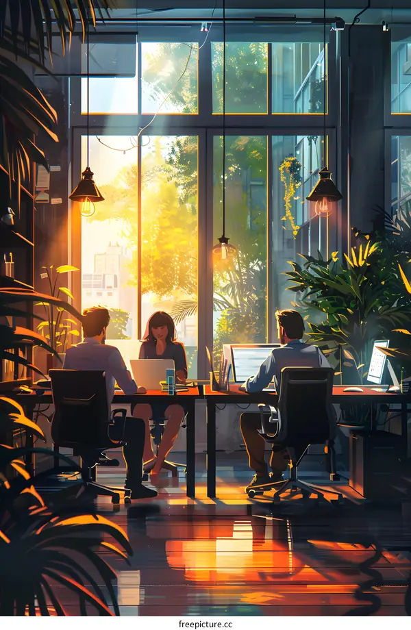Three people working in a modern office