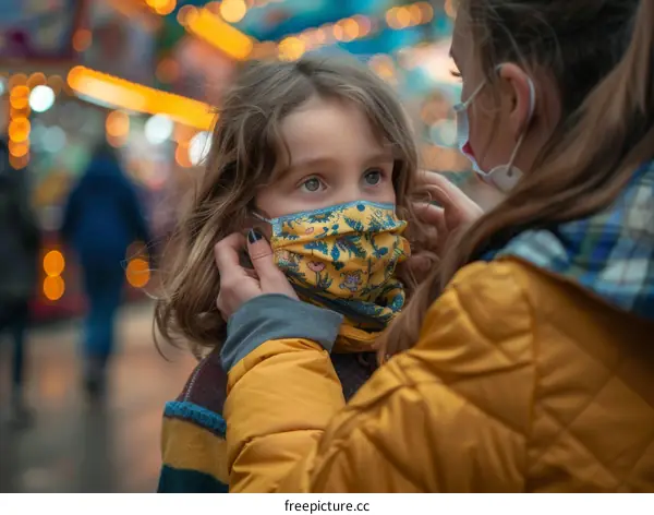 Mother and daughter wearing face masks at a funfair