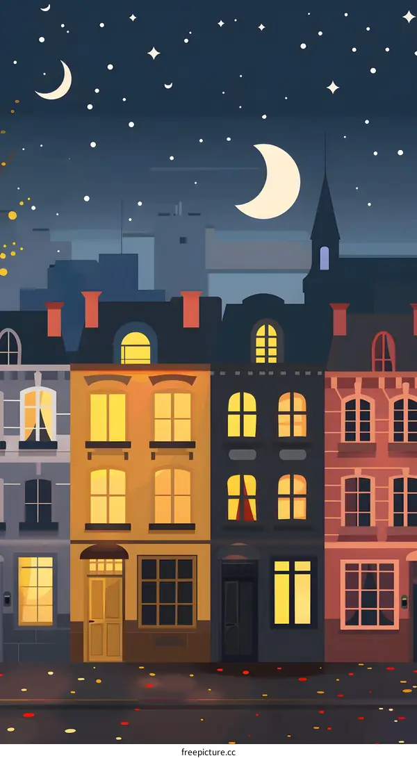 Night View of City Street with Buildings