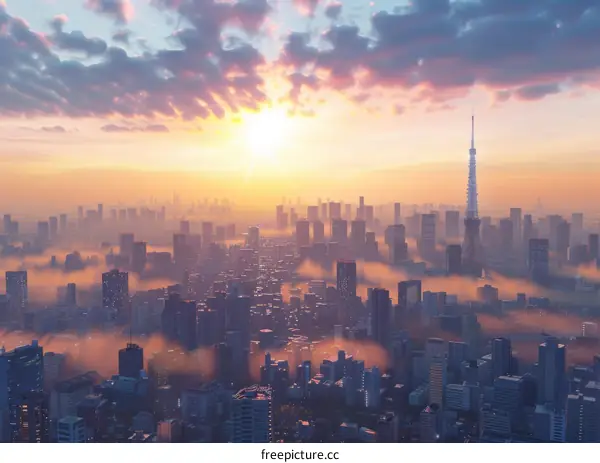 Sunset Cityscape: Skyscrapers Against a Vibrant Sky