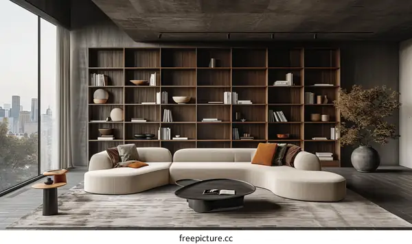 Modern Living Room with Large Bookshelf and Cozy Sofa