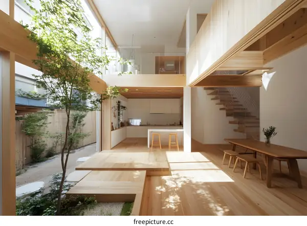 Modern Japanese Home Interior Design with Wooden Beams and Natural Light