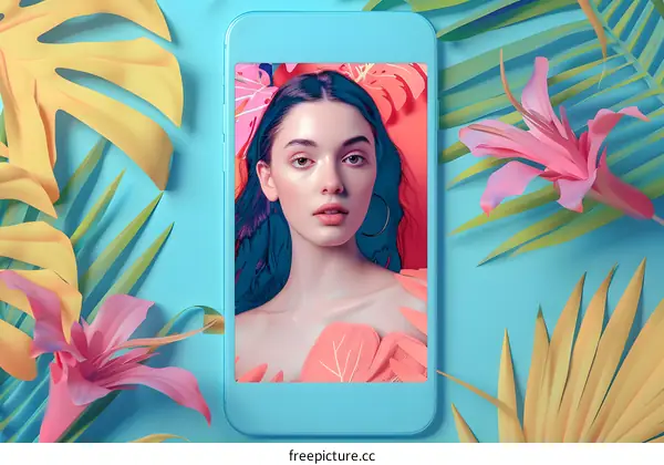 Woman In Tropical Phone Screen With Flowers