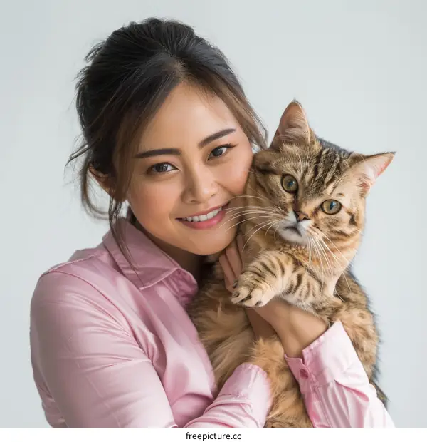 A young Asian woman is smiling and hugging a brown tabby cat.
