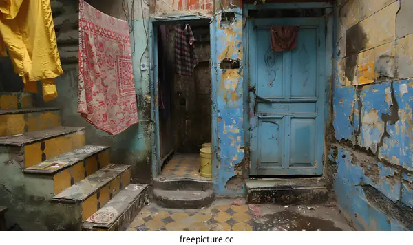 A colorful doorway in a run-down building