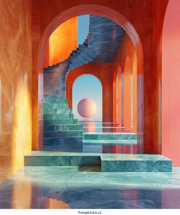 Abstract Interior Design with Marble Archways and Stairs