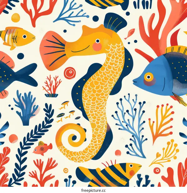 Colorful Underwater Illustration with Seahorse, Fish and Coral