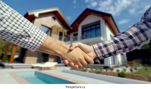 Two men shaking hands with a house in the background