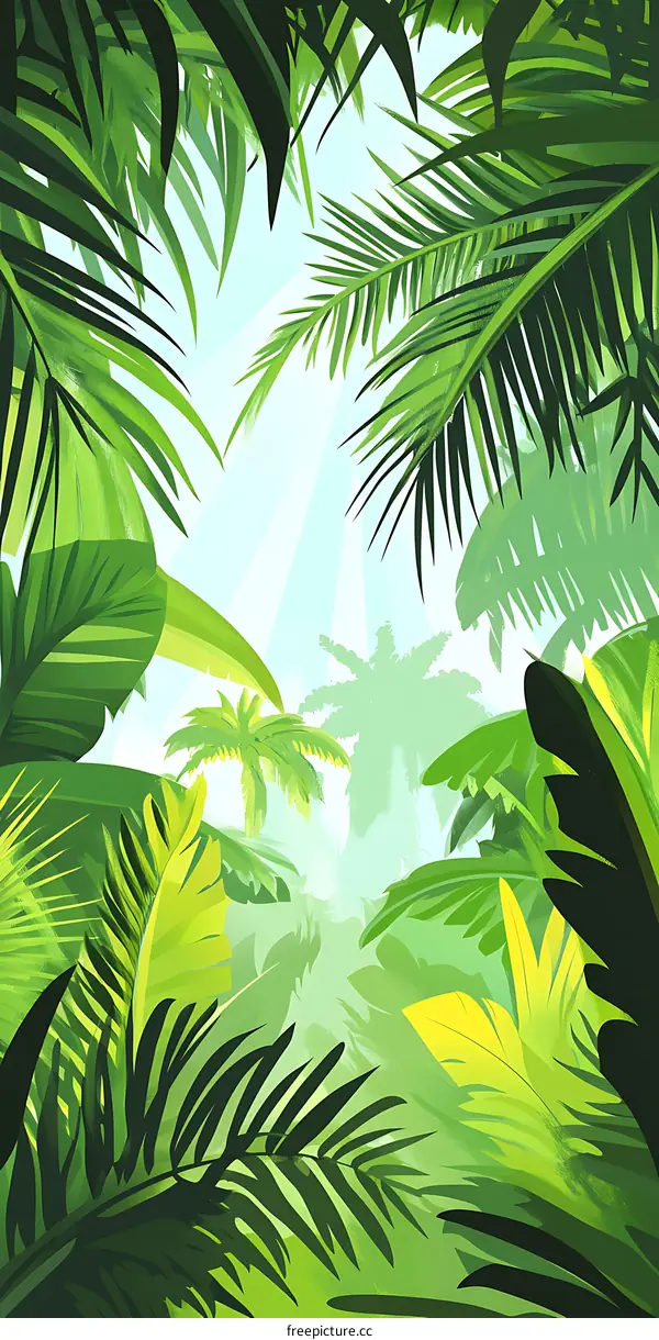 Tropical Rainforest Illustration, Lush Green Foliage, Palm Leaves, Sunlight