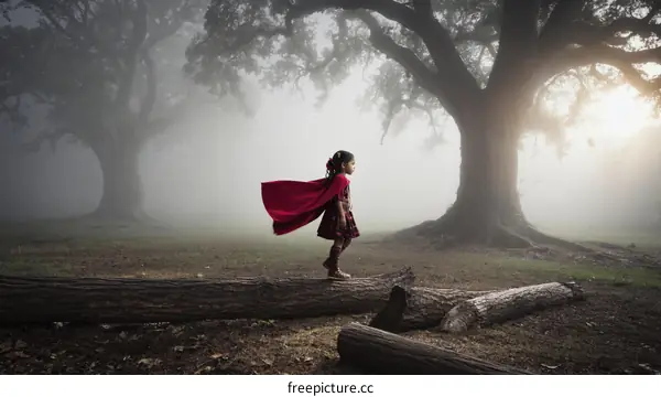 Little Girl in Red Cloak Walking Through Misty Forest
