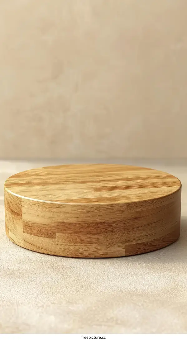 Wooden Round Display Stand on Beige Background