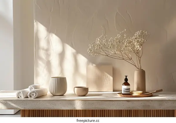 Dried flowers and toiletries on a concrete shelf against a textured background