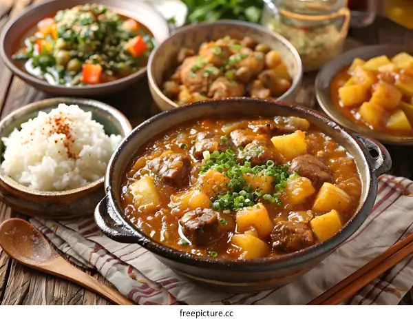 A delicious and healthy meal of beef stew with potatoes, carrots, and onions, served with rice.