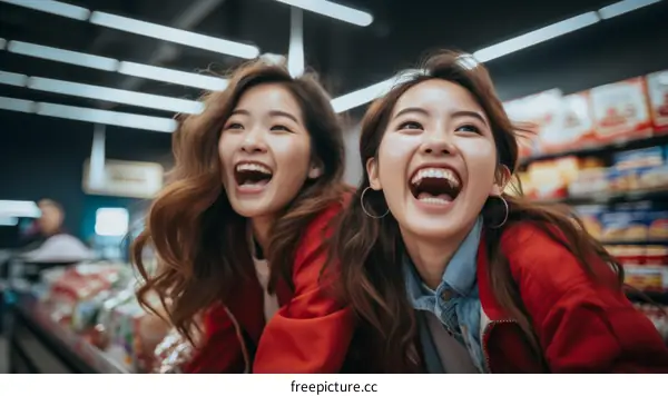 Two Asian women laughing in a grocery store