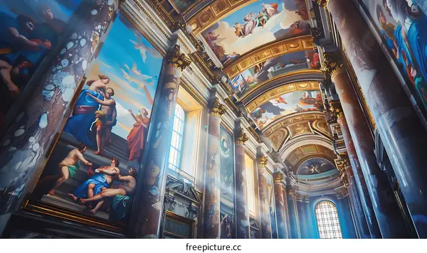 Interior of a Church with Paintings and Sunbeams