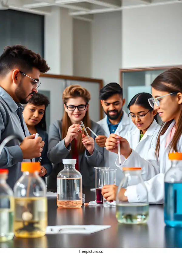 Group of Students Performing a Chemistry Experiment in a Lab