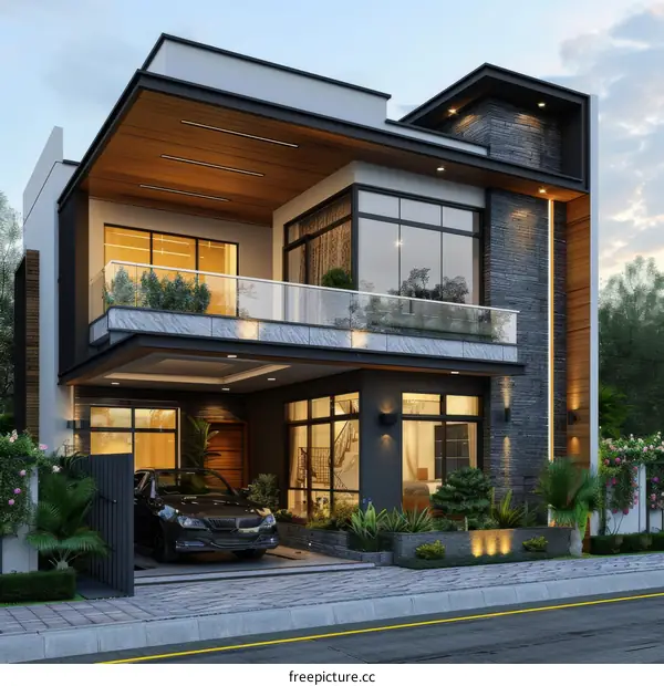 A modern two-story house with a black car parked in the garage