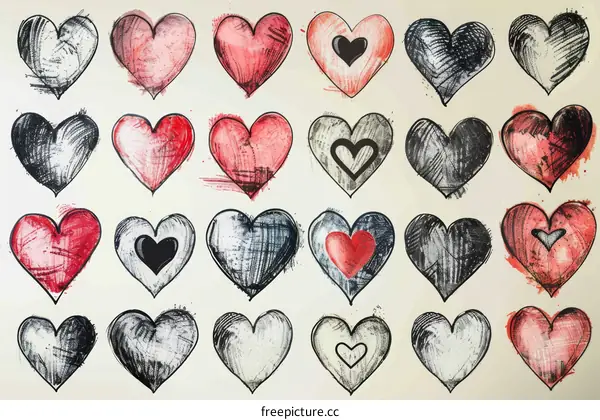 Various red and black painted heart shapes