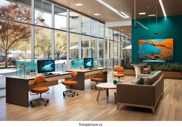 Waiting Area with Comfortable Seating and a Large Picture of the Ocean