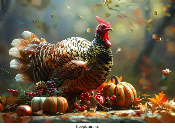 A Thanksgiving turkey surrounded by pumpkins and gourds in the fall season.