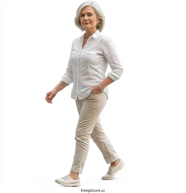 Mature Woman Walking in Casual Outfit