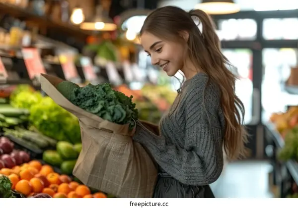 Young woman holding a bag of groceries
