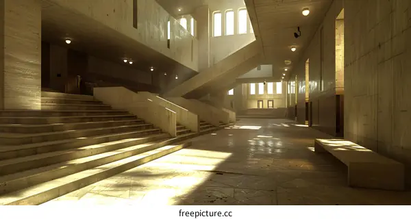 Modern Concrete Architecture Interior with Stairs and Sunlight