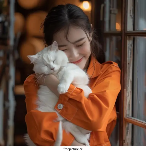 A young woman is hugging a white cat