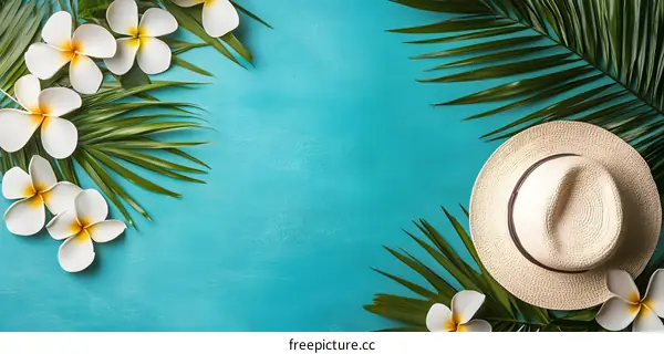 Tropical Summer Background with Flowers, Leaves, and Hat