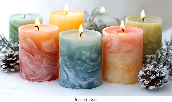 Colorful Christmas Candles in the Snow