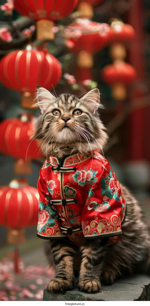 A cat wearing a red and gold Tang suit is sitting in front of a red lantern.