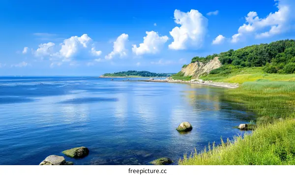 Coastal Landscape with Clear Sky and Tranquil Water