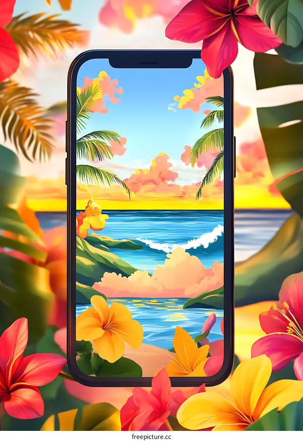 Tropical Beach Sunset Mobile Phone Wallpaper