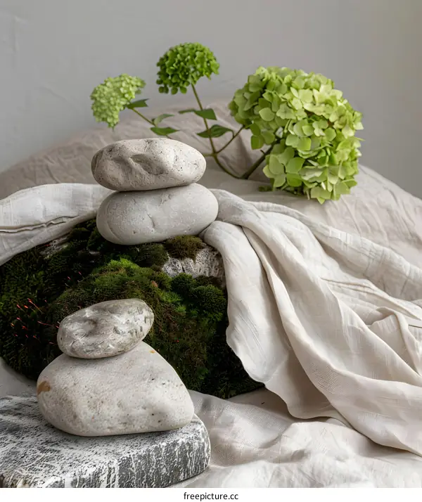 Stacked Stones with Green Plants and Linen Fabric