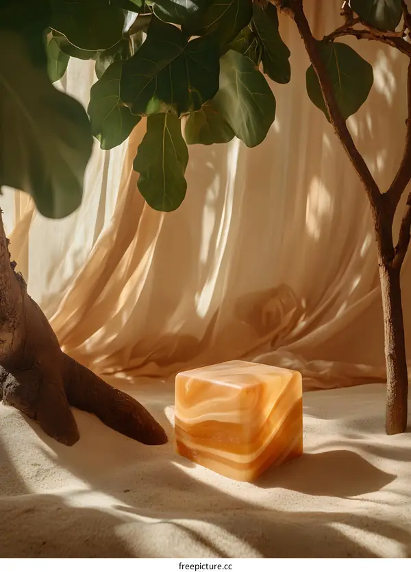 Minimalist Product Display with Beige Background and Green Foliage