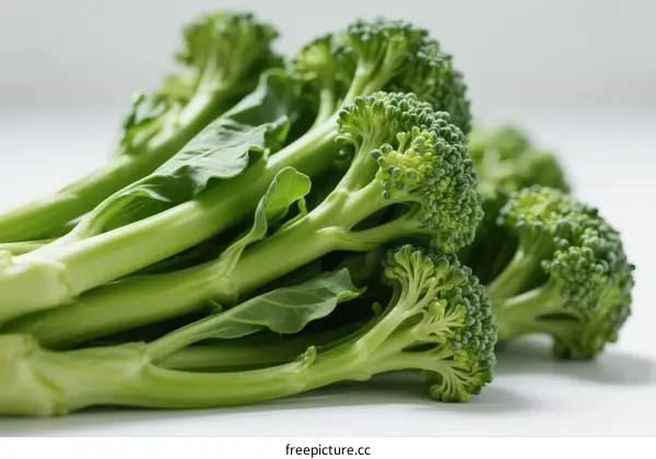 Fresh Green Broccoli Florets with Stems on White Background