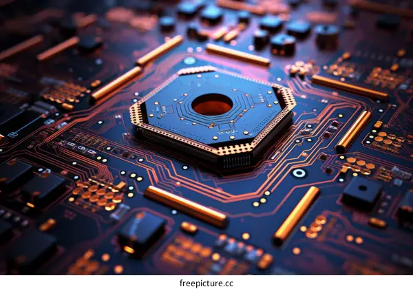 A close-up of a computer circuit board with an orange processor chip in the center.
