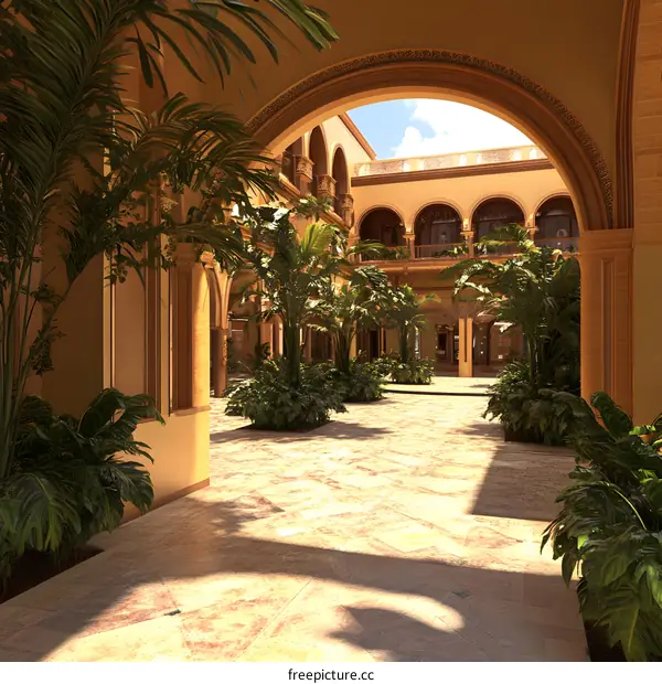 Courtyard Architecture with Palm Trees and Arched Entryway