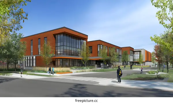 Modern School Building Design with Red Brick and Glass Windows