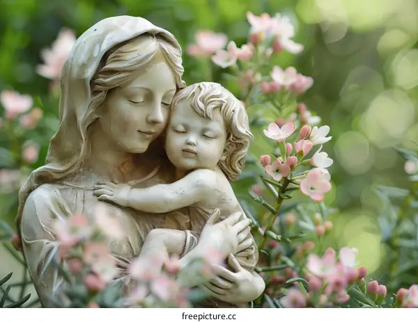 Mother Mary and Child Jesus Statue in Garden Setting