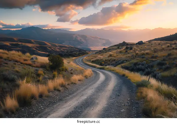 Scenic Dirt Road Winding Through Mountain Landscape at Sunset