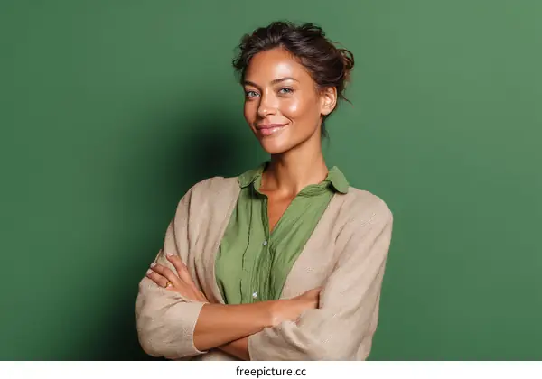 Confident Woman Posing Against Green Background