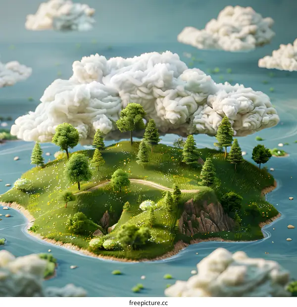 Fluffy clouds over an island