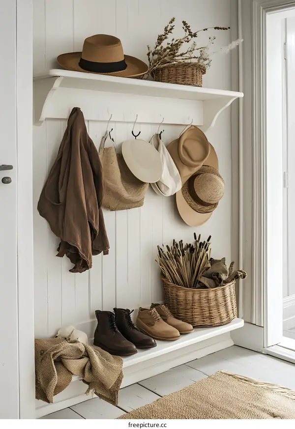 Rustic Entryway With Hats, Boots, and Baskets