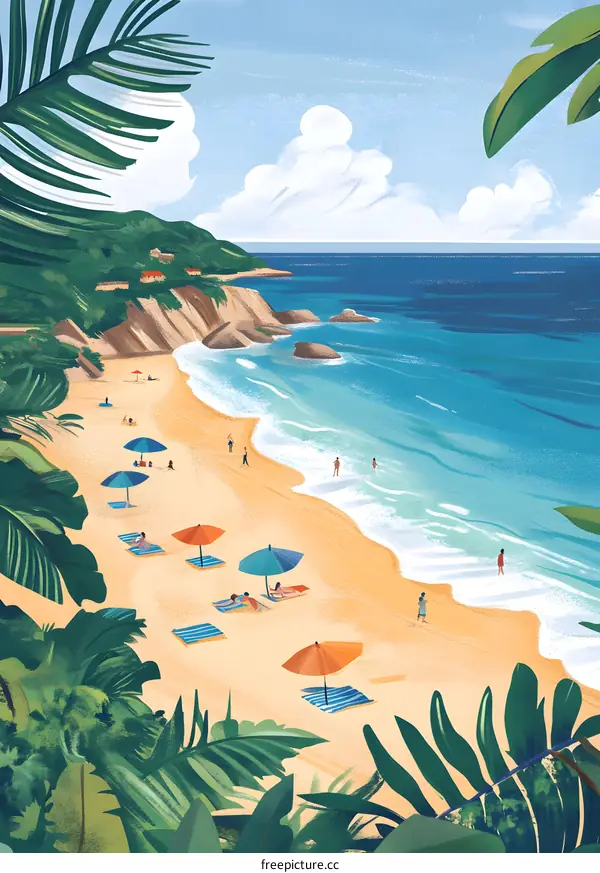Tropical Beach Landscape with People Relaxing Under Umbrellas